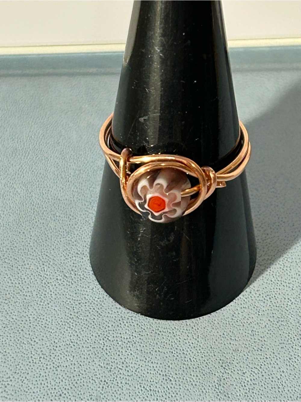 Handcrafted copper Wire Ring with  Millefiori glass Accent